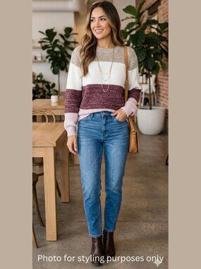 MACARON Women's Colorblock Knit Sweater - Cream, Brown, Pink